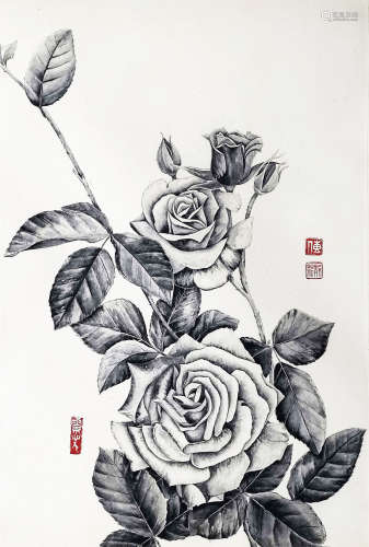 傅靜菥 玫瑰 水墨紙本 鏡片