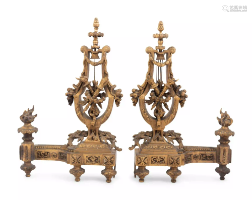 A Pair of Louis XVI Style Gilt Metal Chenets