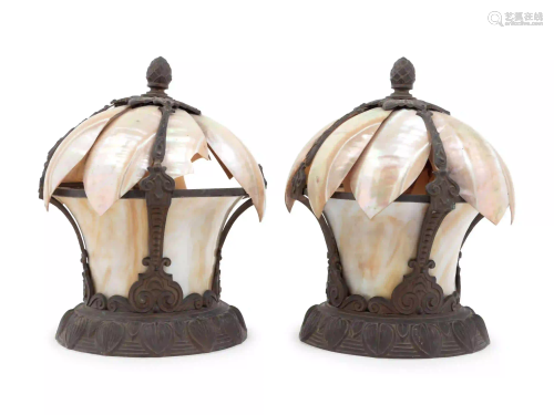 A Pair of American Cast Metal, Glass and Shell-Mounted
