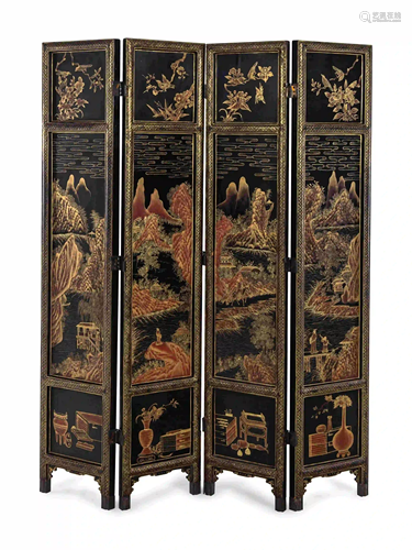 A Japanese Black-Lacquered and Parcel-Gilt Four-Panel