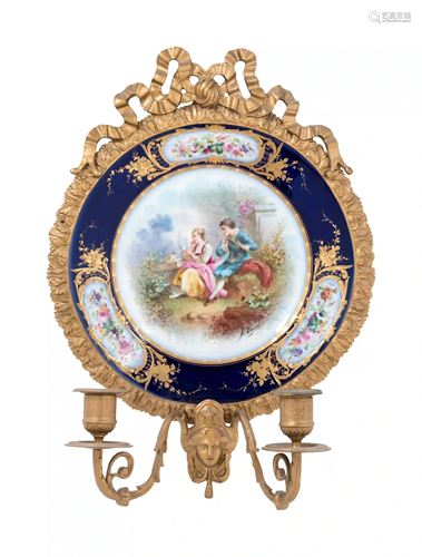 A Sevres Style Gilt Bronze Mounted Porcelain Two-Light