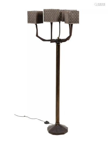 A Brutalist Style Bronze Floor Lamp with Custom Silk