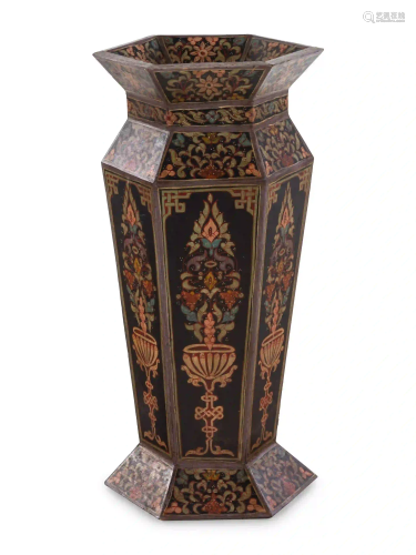 A Continental Painted Wood Hexagonal Hall Vase