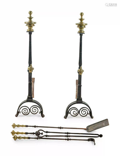 A Pair of Baroque Style Brass and Iron Andirons