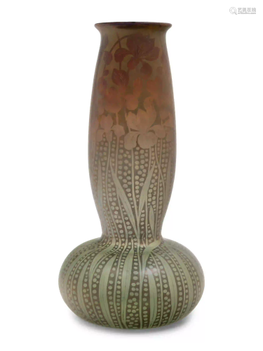 An Iridescent Glass Vase with Irises