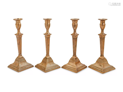 Two Pairs of English Brass or Gilt Copper Candlesticks