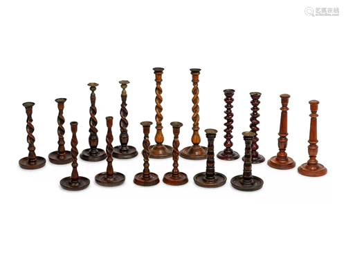 Eight Pairs of English Turned Wood Candlesticks