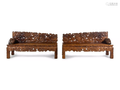 A Pair of Chinese Export Carved Hardwood Benches