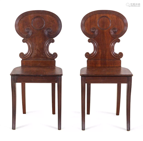 A Pair of Regency Style Mahogany Hall Chairs