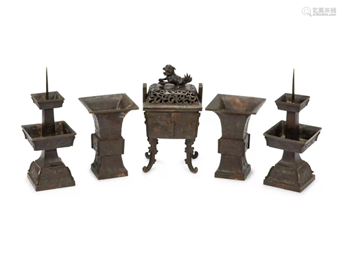 A Chinese Archaistic Bronze Five-Piece Garniture