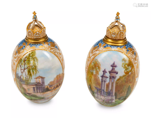 Two Continental Porcelain Egg-Form Scent Bottles