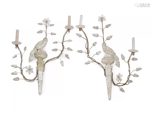 A Pair of Rock Crystal Mounted Two-Light Sconces in the