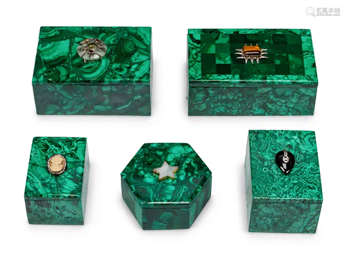 A Group of Five Jeweled Malachite Boxes