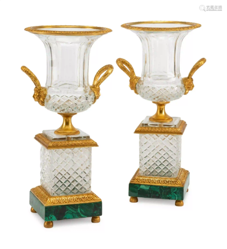 A Pair of Gilt Metal Mounted Cut Glass and Malachite