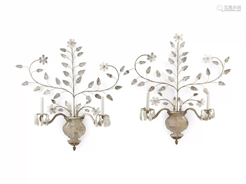 A Pair of Rock Crystal Mounted Two-Light Sconces in the