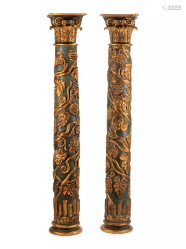 A Pair of Continental Painted and Parcel Gilt Columns