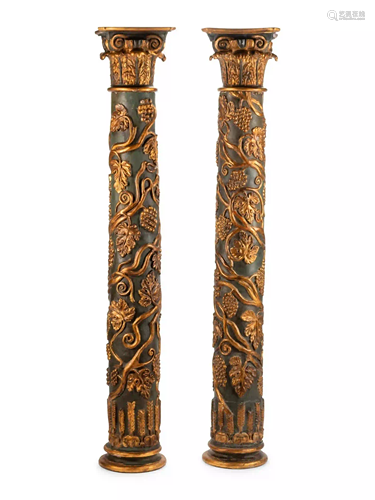 A Pair of Continental Painted and Parcel Gilt Columns