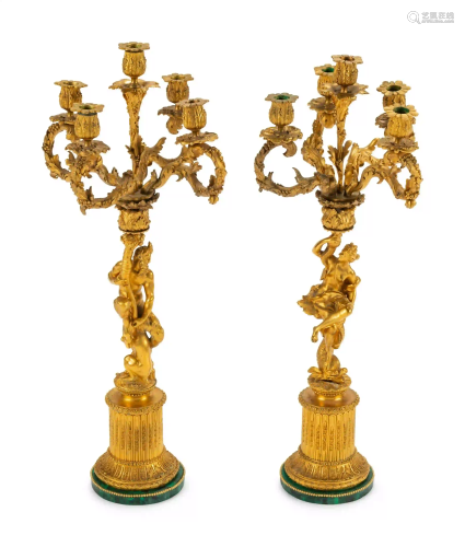 A Pair of Continental Gilt Bronze Figural Five-Light