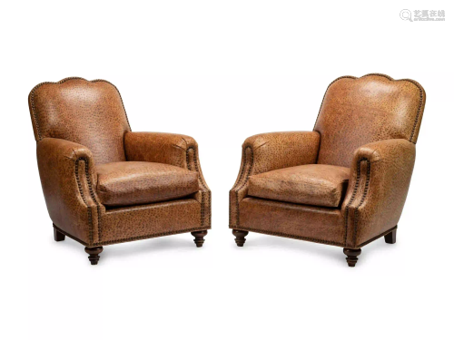 A Pair of Faux Ostrich Embossed Leather Upholstered