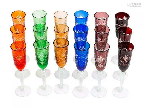 A Set of Eighteen Colored Cut-to-Clear Glass Goblets