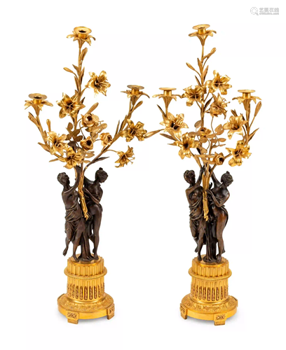 A Pair of Continental Gilt and Patinated Bronze Figural