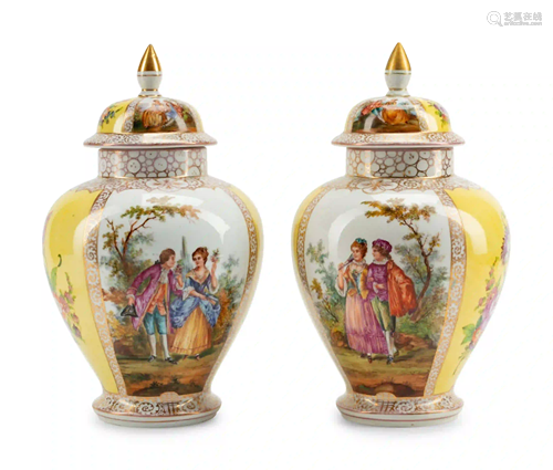 A Pair of Dresden Porcelain Covered Urns