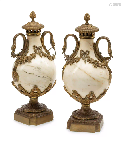 A Pair of Continental Gilt Bronze Mounted Marble Urns