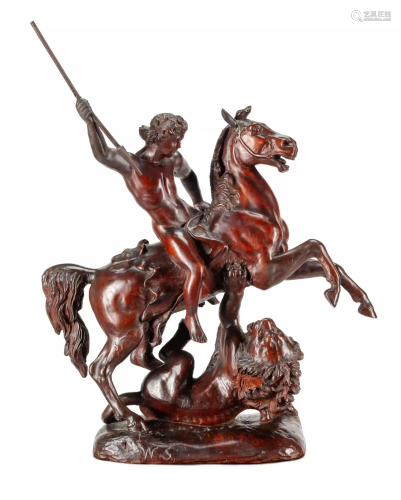 A Carved Wood Figural Group of a Young Man on Horseback