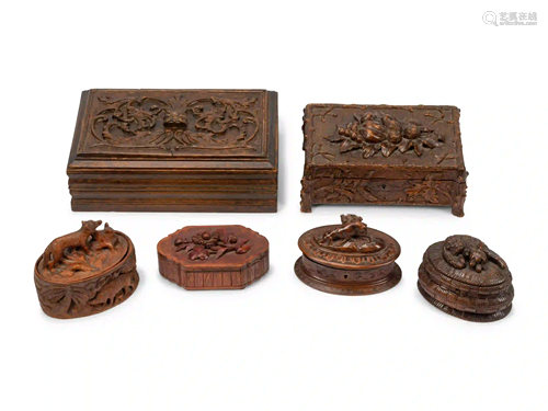 Six Continental Carved Wood Boxes