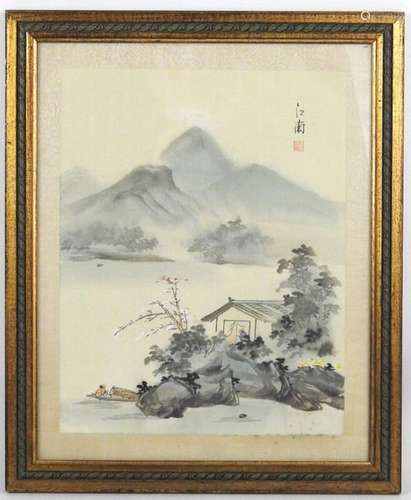 CHINE : Paysage lacustre aux montagnes. Encre et a…