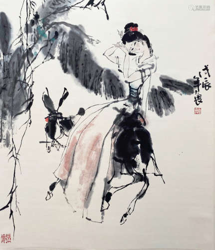 A CHINESE FIGURE HANGING SCROLL PAINTING SHI DAWEI MARK