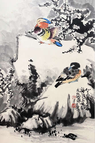 A CHINESE BIRD-AND-FLOWER HANGING SCROLL PAINTING SUN QIFENG MARK