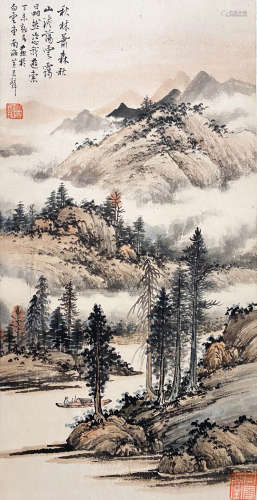 A CHINESE LANDSCAPE HANGING SCROLL PAINTING HUANG JUNBI MARK