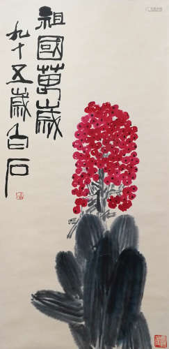 A CHINESE BIRD-AND-FLOWER HANGING SCROLL PAINTING QI BAISHI MARK