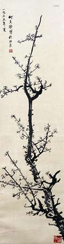 A CHINESE BIRD-AND-FLOWER HANGING SCROLL PAINTING HE XIANGNING MARK