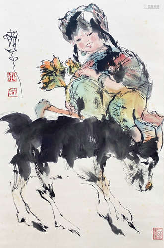 A CHINESE FIGURE HANGING SCROLL PAINTING CHENG SHIFA MARK