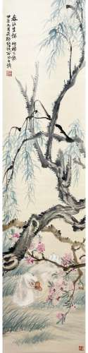 A CHINESE BIRD-AND-FLOWER HANGING SCROLL PAINTING LUHUI MARK