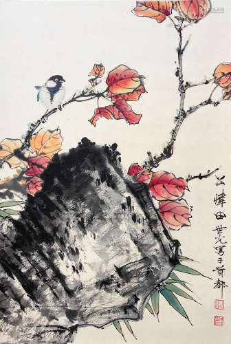 A CHINESE BIRD-AND-FLOWER HANGING SCROLL PAINTING TIAN SHIGUANG MARK