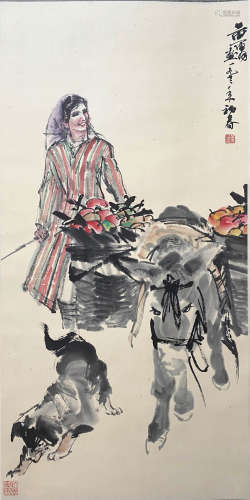 A CHINESE FIGURE HANGING SCROLL PAINTING HUANGZHOU MARK