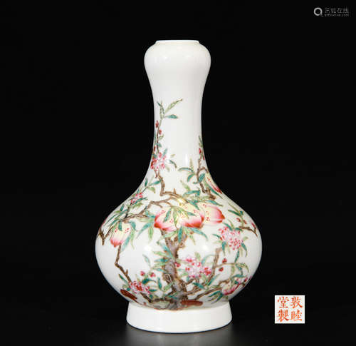 A FAMILLE ROSE NINE PEACHES GARLIC-HEAD PORCELAIN VASE