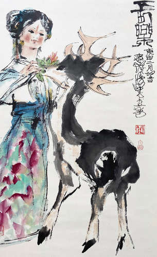 A CHINESE FIGURE HANGING SCROLL PAINTING CHENG SHIFA MARK