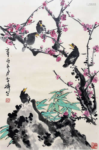 A CHINESE BIRD-AND-FLOWER HANGING SCROLL PAINTING WANG XUETAO MARK
