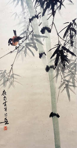 A CHINESE BIRD-AND-FLOWER HANGING SCROLL PAINTING HUANG HUANWU MARK