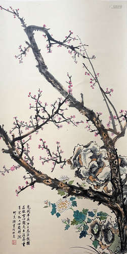 A CHINESE BIRD-AND-FLOWER HANGING SCROLL PAINTING HE XIANGNING MARK