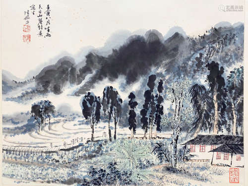 A CHINESE LANDSCAPE HANGING SCROLL PAINTING LU YANSHAO MARK