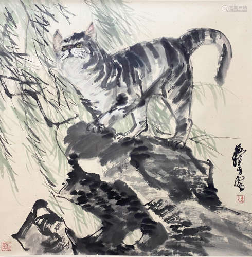 A CHINESE CAT HANGING SCROLL PAINTING HUANGZHOU MARK