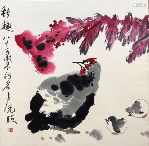 A CHINESE BIRD-AND-FLOWER HANGING SCROLL PAINTING LU GUANGZHAO MARK