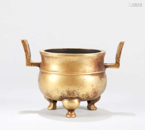 A DOUBLE-EARED GILT BRONZE CENSER