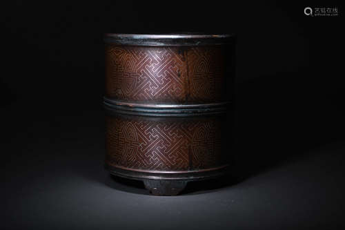 AN INSCRIBED COPPER BRUSH POT