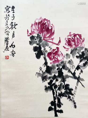 A CHINESE BIRD-AND-FLOWER HANGING SCROLL PAINTING SHILU MARK